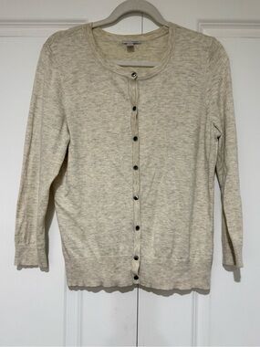 Halogen Heathered Beige/Gray Lightweight Button-Front Crewneck Cardigan